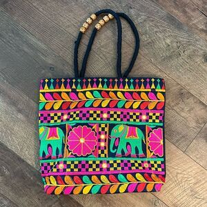 Multicolored Tote with Floral Elephant Motifs from India,decorative bead handle